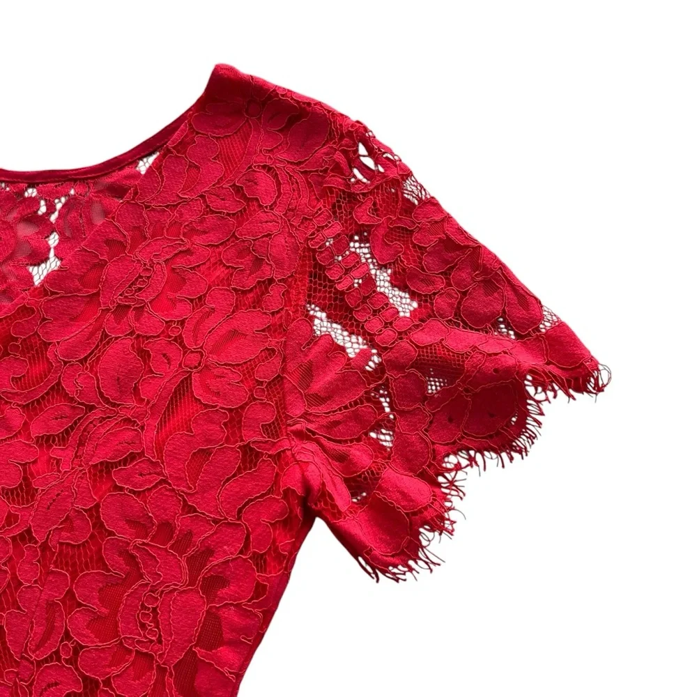 MSLG Womens Sz Large Bright Red Floral Lace Short Sleeve Round Neck A-line Dress
